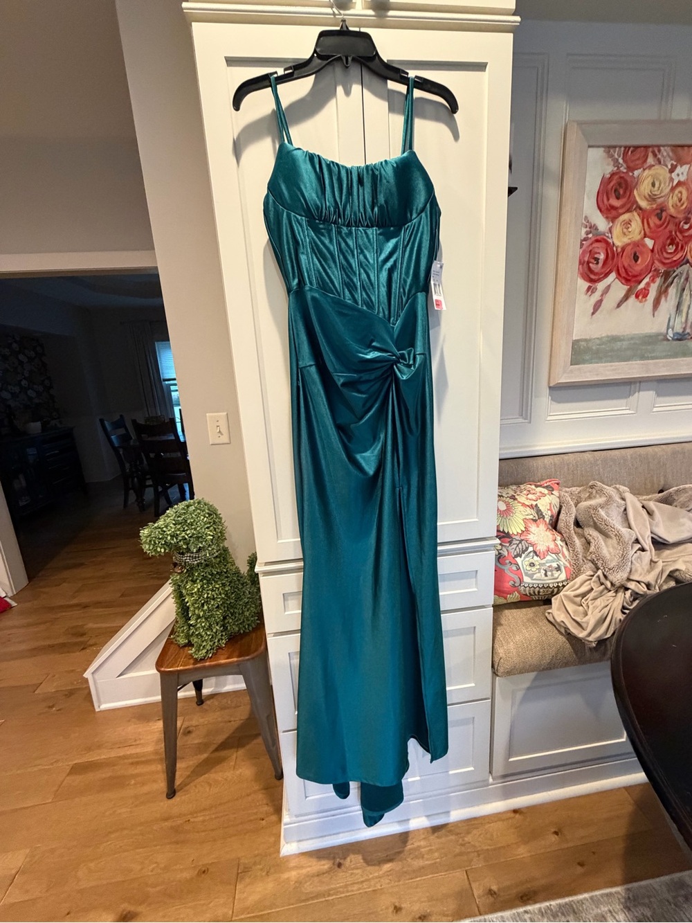 Teal (emerald) Satin Spaghetti-Strap Evening Dress